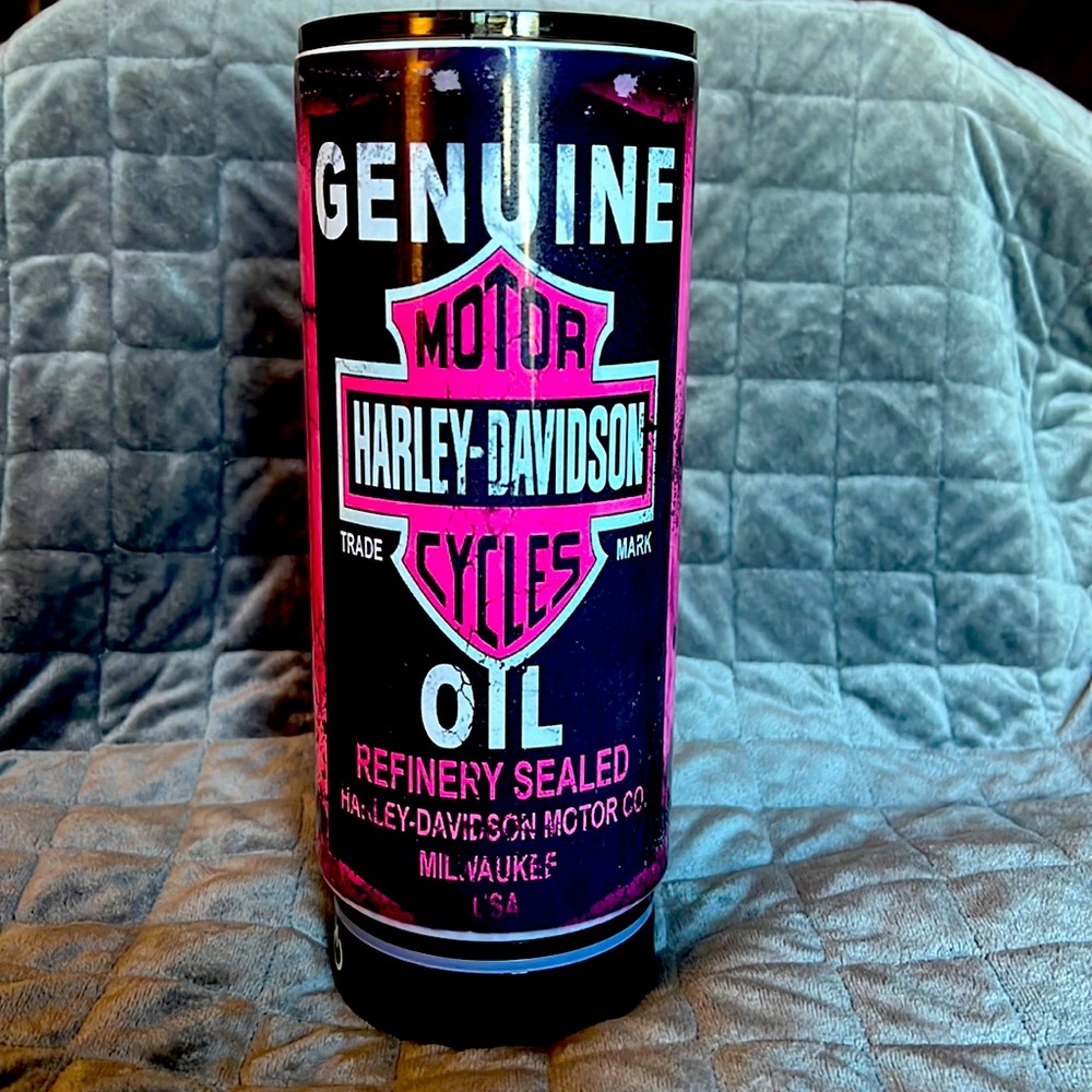 22 oz Fatty Tumbler. Rustic Harley Davidson Oil Can.